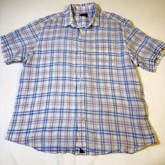 Untuckit Shirt Mens X Large White Blue Plaid Short Sleeve 100% Linen Preppy - Picture 1 of 8